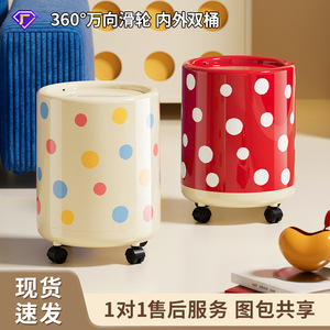 Polka Dot Trash Can Cylindrical With Lid Indoor Use For Living Room And Bathroom Portable Waste Bin - Product Image 4