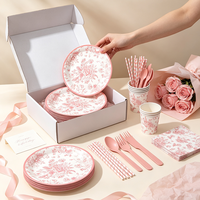 Ensemble de vaisselle jetable rose romantique à motifs floraux, assiettes, gobelets et serviettes en papier personnalisés pour mariage, fête prénuptiale, anniversaire, décoration