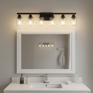 Modern 6-<b>Light</b> 37 Inch <b>Bathroom</b> Vanity <b>Light</b> Black Iron Frame Clear Glass <b>Shades</b> Warm White Incandescent Surface Mounted - Product Image 2