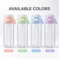 Bouteille d'eau double compartiment en PC transparent de 650 ml avec couvercle anti-poussière rabattable, anse de transport, anti-fuite et incassable pour usage quotidien, voyage et activités de plein air