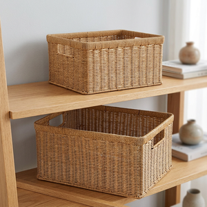 Lot de 2 paniers de rangement en osier naturel rectangulaires, faits à la main, style rustique, avec poignées - Product Image 3