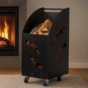 Porte-bûches pour cheminée en acier peint en noir 32x42x80 cm, chariot avec roues - Product Image 5