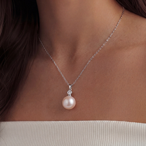 Copper Bezel Set Single CZ Top <b>Large</b> Round Freshwater <b>Pearl</b> Drop Pendant <b>Necklace</b> Classic Minimalist Jewelry for Women - Product Image 2