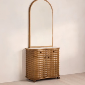 Table de toilette vintage en bois massif sculpté à la main, écologique, avec miroir et grand espace de rangement, style moderne - Product Image 1