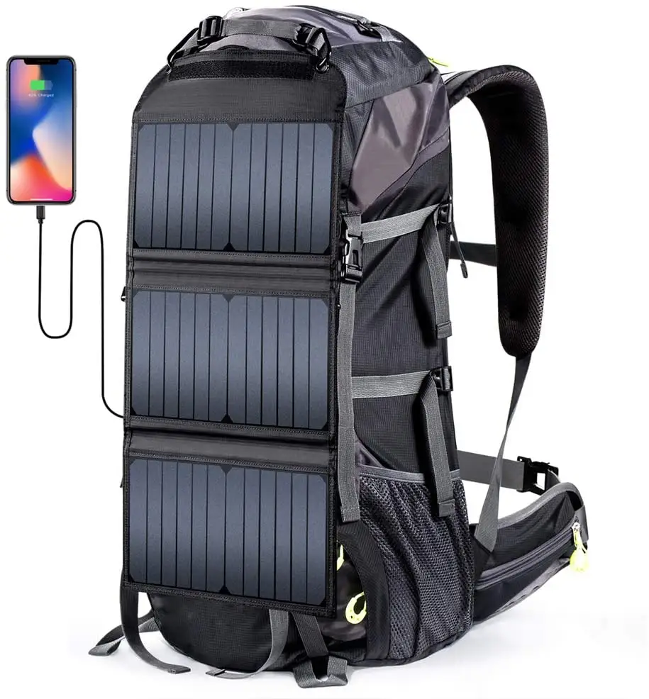 Solar External Frame Hiking Backpack 68L with 20 Watts Solar Charger Panel Survival Backpack