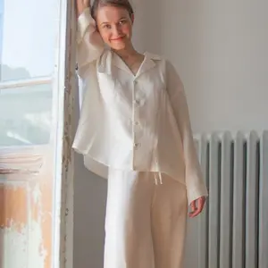 Pyjama français en lin blanc et coton pour femme, vêtements de maison, nouvelle collection été 2022
