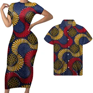 2021 Afrikaanse Traditionele Stijl Bloemenprint Korte Mouw Bodycon Vrouwen Jurk Match Mannen Shirts Custom Paar Kleding Set