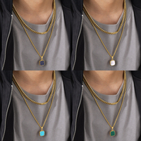 Collier à pendentif en pierre naturelle multicolore, collier à chaîne cubaine en acier inoxydable, pendentif turquoise bleu, collier en coquille blanche
