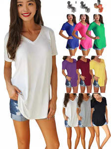 T-<span class=keywords><strong>shirt</strong></span> décontracté pour femme à manches courtes, col en V profond, couleur unie, respirant, coupe ample, style européen et américain, pour tous les jours - Product Image 6