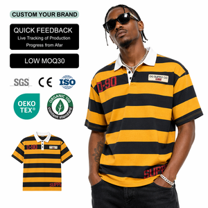 เสื้อโปโลลายทางทรงโอเวอร์ไซส์ น้ำหนัก 300 กรัม สำหรับผู้ชาย คุณภาพสูง ติดกระดุม สไตล์สตรีท - Product Image 1
