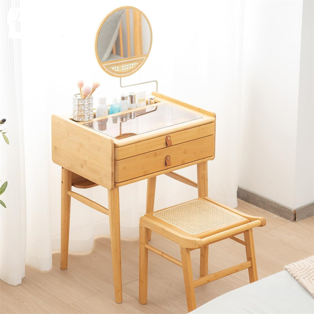 Vintage Makeup Vanity Table Set with Mirror - Modern Wood