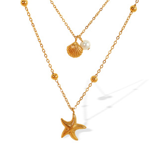 Collar de Doble Capa con Diseño de Estrella de Mar y Concha, Acero Inoxidable, Chapado en Oro de 18K, Cadena para Clavícula, Estilo Vacaciones de Verano, Joyería para Fiesta - Product Image 5