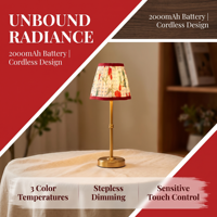 Lampe de table LED sans fil rechargeable à commande tactile, abat-jour en tissu plissé à motif floral cerise vintage français, avec pied en laiton