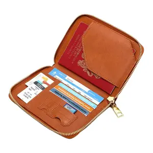2024 Hot Sale Brown RFID Leather Passport Case Holder Cover Bag Travel Wallet with Zipper Slot