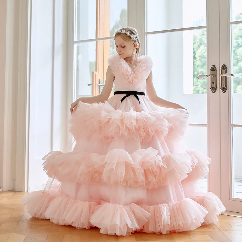 Deluxe Custom Pink Girls Deluxe Ball Dress Princess tulle pleated foam cake dress Children's Stage Flower Girl Evening dress