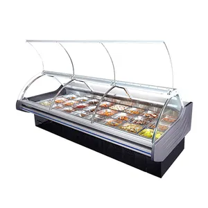 Réfrigérateur réfrigéré de vitrine d'épicerie de nourriture d'affichage de viande de supermarché en verre incurvé de petit prix
