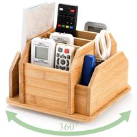 360 °   Organisateur de bureau rotatif en bambou multi-compartiments, support de bureau pivotant pour télécommandes, fournitures de bureau et rangement de salon