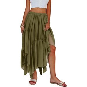 Fisoew Womens Boho Maxi <b>Skirt</b> Asymmetric High Low Hem Flowy Chiffon Long <b>Skirt</b> Summer Casual Ruffles <b>Elastic</b> Waist - Product Image 1