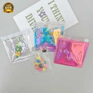 Biyobozunur PVC plastik fermuar temizle takı çantası ile logo mini kilitli holografik takı kılıfı için halka küpe ambalaj