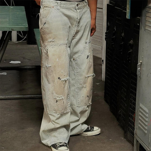 Jeans de hombre ODM de Hong Kong, estilo Dirty Washed a rayas, vaqueros de pierna ancha personalizados, vaqueros de algodón de peso medio, vaqueros rasgados al por mayor. - Product Image 3