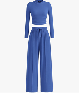 Ensemble deux pièces décontracté pour femme, style européen et américain, en stock, automne, haut côtelé à manches longues et pantalon large - Product Image 3