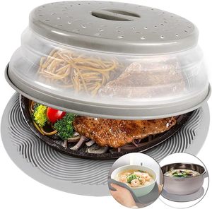 Protège-ustensiles anti-éclaboussures, support de séchage pour ustensiles de cuisson gris, tapis de micro-ondes en silicone et couvercle alimentaire - Tapis servant également de support pour bols - Product Image 1