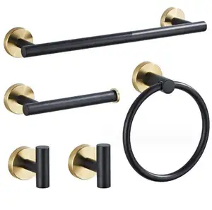 Hotel modern wall mounted stainless steel matte black and gold toilet bathroom accessories set
