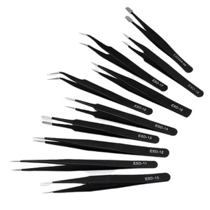 ESD edge-pressing tweezers, <b>canvas</b> bag set, sticker clips, stainless steel <b>rounded</b> edge, black straight/bent tip, anti-static - Product Image 2