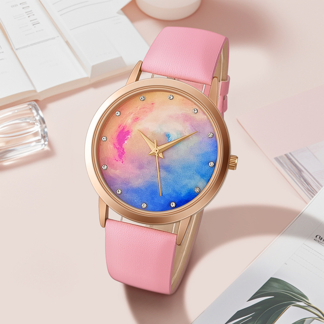 WJ-11454 Hot Selling Thin Leather Strap Women Watch Simple Scale Starry Sky Dial Quartz Watch Gradient Elegant Ladies Watches