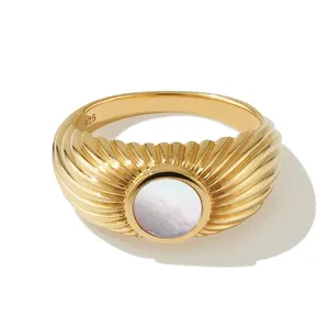 Statement jewelry mother of pearl ring gold sun rays dome ring silver rings women 925 sterling