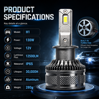 Ampoule de phare LED H1 pour conduite de nuit, 130W, 12500LM, 12V, lampe de remplacement, protection étanche IP65 intégrée, universelle