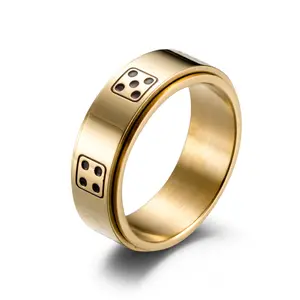 Rotatable Vintage Style Hot Selling Trendy Simple Design Jewelry Gold Plated Stainless Steel Dice Women Men Ring