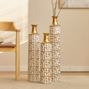 Ensemble de 3 vases décoratifs en métal, 24, 28 et 32,3 pouces, motif feuille d'or, blanc et or, grands vases sur pied pour la décoration de la maison et du salon - Product Image 6