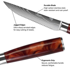 TOALLWIN Ensemble de 6 couteaux à steak, motif <span class=keywords><strong>Damas</strong></span> laser, lame en acier inoxydable dentelée et tranchante, manche en résine, couverts de cuisine pour barbecue - Product Image 6