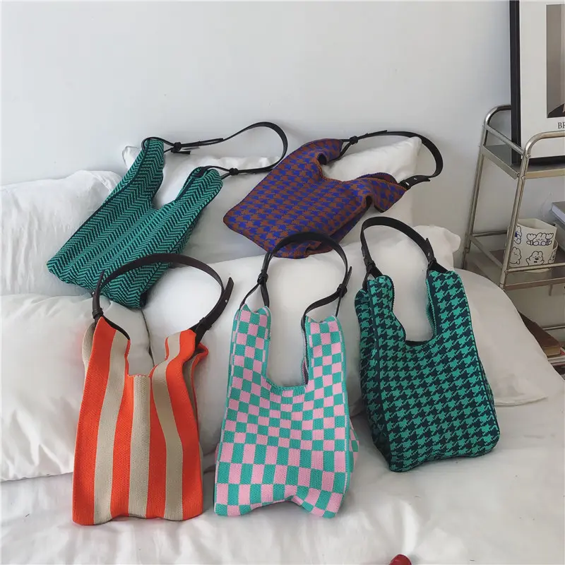 Conception à la mode treillis disponible sac à tricoter sacs fourre-tout tricotés personnaliser femmes à la main Crochet sacs à main