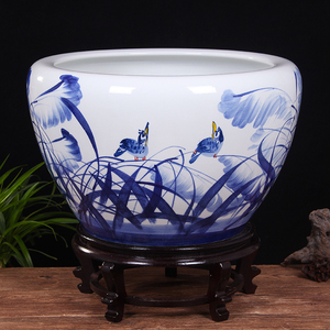 Grand <span class=keywords><strong>pot</strong></span> de jardin <span class=keywords><strong>en</strong></span> céramique antique bleu et blanc peint à la main avec motif de <span class=keywords><strong>lotus</strong></span> et de papillon - Product Image 2