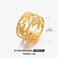 Cincin Daun Stainless Steel yang Dapat Disesuaikan, Bergaya Minimalis, Berlapis Emas 18K, Cocok untuk Influencer Online