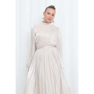 Puane Women's Modern Modest Satin Textured Pleated Long Sleeve Evening Dress - Elegant Beige Abaya Gown for Special Occasions - Product Image 1