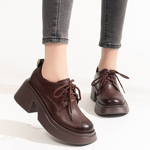 Thick British Style Plus Size Heel Round Toe Lady's Women's Single Shoes Spring Arrival Casual High-heeled Leather Shoes - Product Image 1