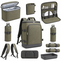 Sac à dos isotherme pour pique-nique en toile vert armée avec couverture et deux porte-bouteilles pour le camping, les activités de plein air et la famille