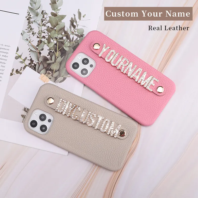 Luxury Custom Initial Name Real Leather Phone Case For Iphone 11 12 13 14 Pro Mini Max Xr Xs 7 8Plus Diamond Metal Letters Cover