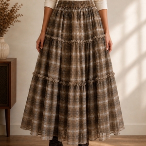 Jupe midi élégante à carreaux marron à volants avec taille élastique pour un style quotidien - Product Image 1