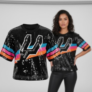 Nouveau T-shirt de supporter de basketball pour femme, style streetwear d'été, avec sequins noirs, pour les matchs de baseball et de football de <span class=keywords><strong>San</strong></span> <span class=keywords><strong>Antonio</strong></span> - Product Image 1