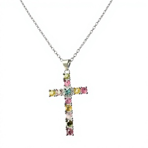 Pendentif croix en tourmaline arc-en-ciel naturelle, chaîne réglable, bijoux en pierres précieuses plaqués argent - Product Image 1
