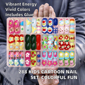288 piezas de <span class=keywords><strong>uñas</strong></span> postizas ABS <span class=keywords><strong>para</strong></span> niñas, coloridas y lindas, con diseño de dibujos animados, juego completo de <span class=keywords><strong>uñas</strong></span> con <span class=keywords><strong>pegamento</strong></span>, longitud corta. - Product Image 2
