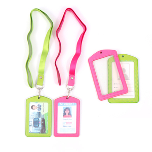 Porte-badges verticaux multicolores en cuir PU à livraison rapide avec fenêtre transparente double face et cordon souple - Product Image 1