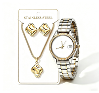 Conjunto de Joyería de Lujo para Mujer con Reloj Personalizable con Logotipo, Esfera Lisa, Acero Inoxidable, Pendientes de Nudo Tejido, Collar con Ventana de Fecha
