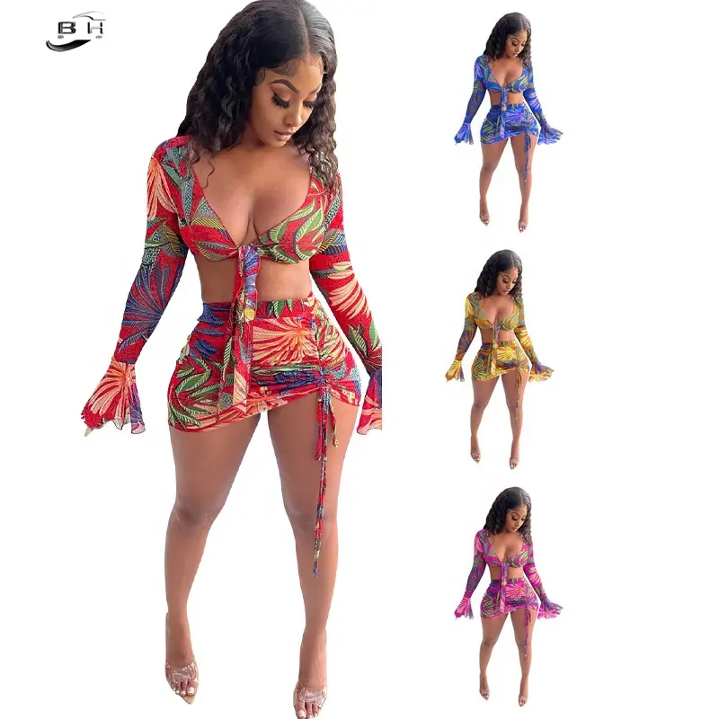 Seksi Mesh şeffaf 2 parça Set kulübü doğum günü kıyafetler kadınlar plaj tatil yaz giysileri kırpma üst etek eşleştirme setleri