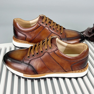 Men Genuine Leather <b>Round</b> <b>Toe</b> Walking Shoes Breathable Low <b>Heel</b> Cow Leather Solid Color Casual Outdoor Wear - Product Image 2
