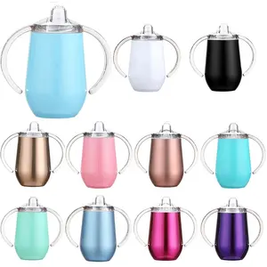 10Oz Double Wall Telur Bentuk 304 Stainless Steel Balita Straw Sippy Cup dengan Handle Baby Sippy Tumbler Cangkir